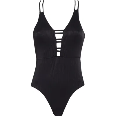 Nicole Miller New York Plunge Cutout Ribbed One-piece Swimsuit In Black