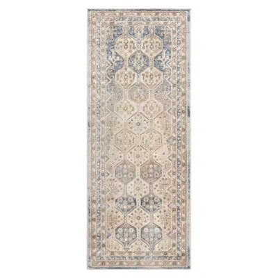 Nicole Miller Nmny Mirella Boho Border Area Rug Ivory Blue 2x7 Single Pack In Brown