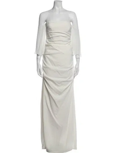 Pre-owned Nicole Miller Off-the-shoulder Long Dress In Neutral
