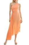 Nicole Miller One Shoulder Pleat Midi Dress In Orange