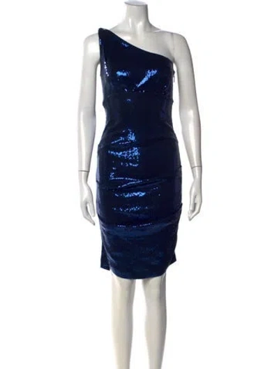 Pre-owned Nicole Miller One-shoulder Knee-length Dress In Blue