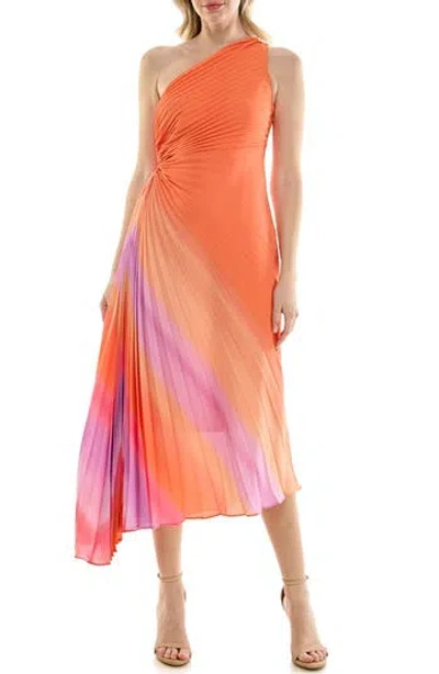 Nicole Miller One-shoulder Pleat Midi Dress In Orange