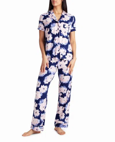 Nicole Miller Peached Jersey Shirt & Pant Two-piece Sleepwear Set In Indiglo Floral In Multi