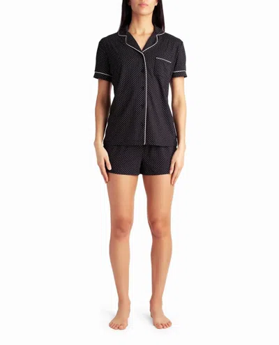 Nicole Miller Peached Jersey Shirt And Short Two-piece Sleepwear Set In Black Dot Square In Black Sq Dot