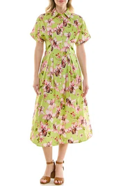 Nicole Miller Pintuck Waist Midi Shirtdress In Green