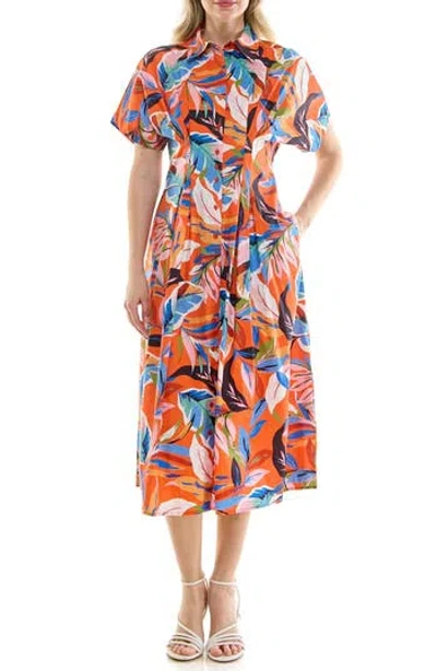 Nicole Miller Pintuck Waist Midi Shirtdress In Orange