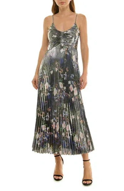 Nicole Miller Pleated Metallic Maxi Dress In Gray