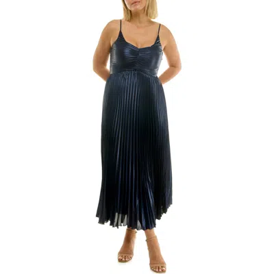 Nicole Miller Pleated Metallic Midi Dress In Blue