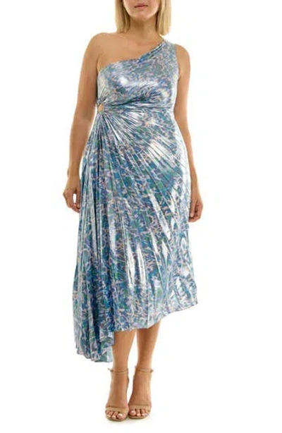 Nicole Miller Pleated One-shoulder Metallic Dress In Blue