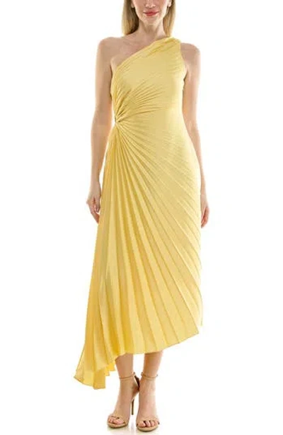 Nicole Miller Pleated One-shoulder Satin Dress In Yellow