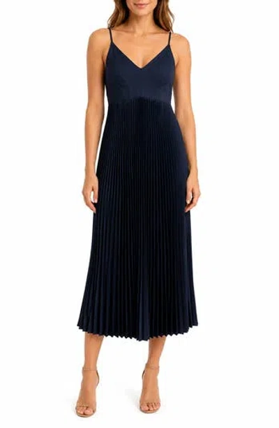 Nicole Miller Pleated Satin Midi Dress In Deep Navy