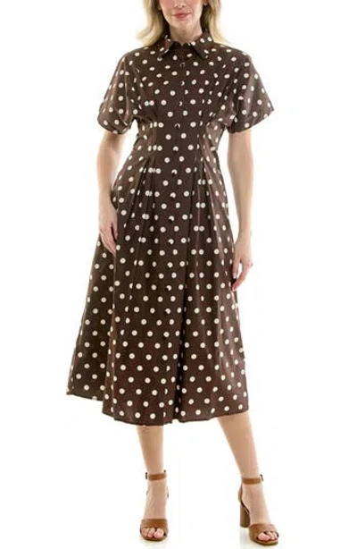 Nicole Miller Polka Dot Pintuck Waist Midi Shirtdress In Brown