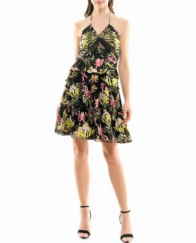 Nicole Miller Presley Chiffon Tiered Halter Dress In Black Beauty In Multi
