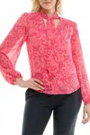 Nicole Miller Printed Button-down Tie Neck Blouse In Fuchsia Purple In Red