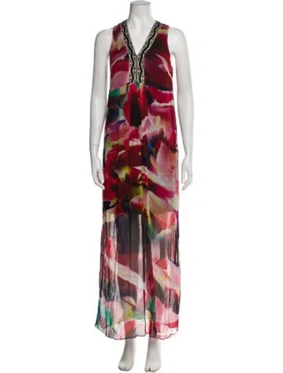 Pre-owned Nicole Miller Printed Long Dress W/ Tags In Red