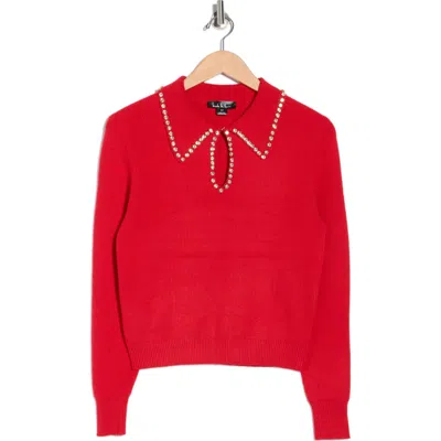 Nicole Miller Rhinestone Trim Collared Crop Sweater In Red