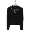 Nicole Miller Rhinestone Trim Collared Crop Sweater In Black
