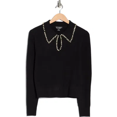 Nicole Miller Rhinestone Trim Collared Crop Sweater In Black