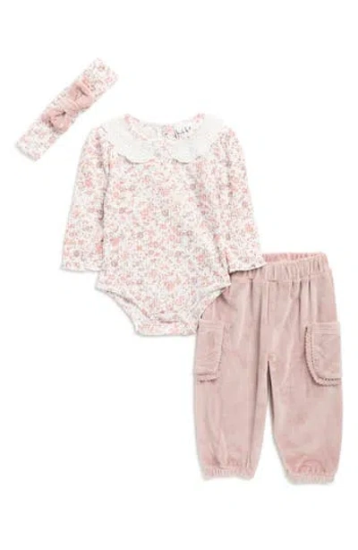 Nicole Miller Babies'  Ribbed Bodysuit, Velour Joggers & Headband Set In Multi