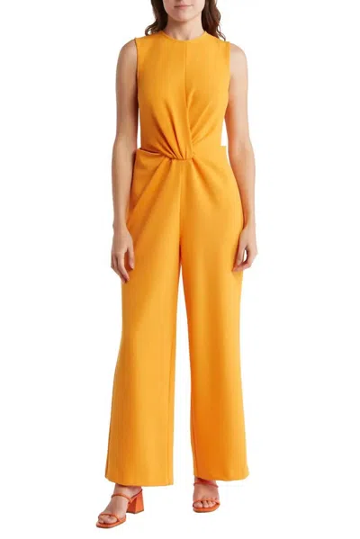 Nicole Miller Round Neck Twist Front Solid Stretch Crepe Jumpsuit In Flame Orange In Yellow