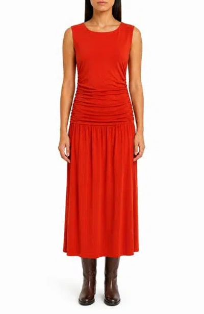 Nicole Miller Ruched Sleeveless Drop Waist Midi Dress In Orange