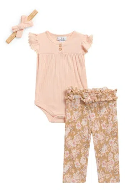 Nicole Miller Babies'  Ruffle Bodysuit, Floral Leggings & Headband Set In Pink