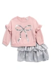 Nicole Miller Ruffle Bow Top & Metallic Skirt Set In Pink