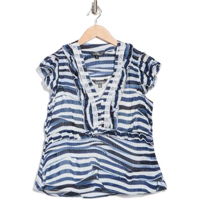 Nicole Miller Ruffle Trim Metallic Top In Blue