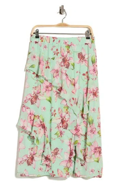Nicole Miller Ruffled Floral Maxi Skirt In Orchid All Over Mint