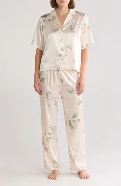 Nicole Miller Satin Boxy Pajamas In Champagne Magnolia Floral
