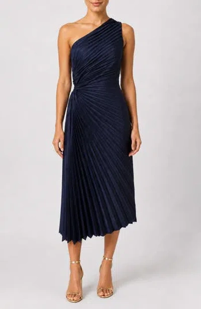 Nicole Miller Satin Pleat One Shoulder Midi Dress In Blue
