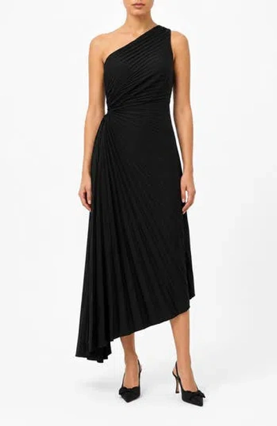 Nicole Miller Satin Pleat One Shoulder Midi Dress In Black