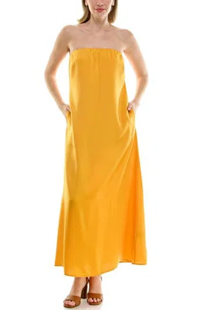 Nicole Miller Satin Strapless Maxi Dress In Yellow
