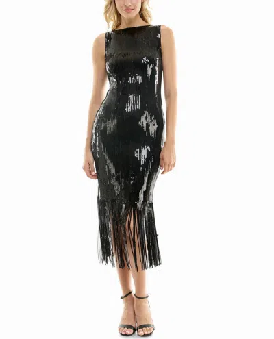 Nicole Miller Scarlett Sequin Fringed Sheath Dress In Very Black In Multi