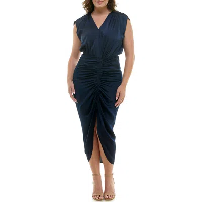 Nicole Miller Shirred Front V-neck Midi Dress In Blue