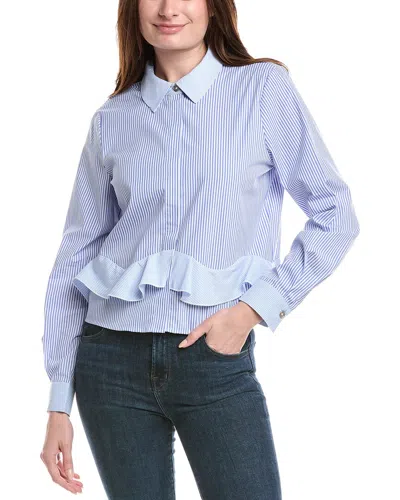 Nicole Miller Stripe Ruffle Long Sleeve Button-up Shirt In Blue
