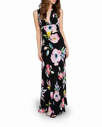 Nicole Miller Silk Plunge Open Back Gown In La Fleur In Multi
