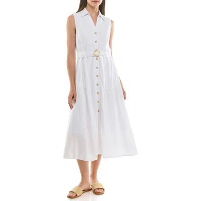 Nicole Miller Sleeveless Belted Linen Shirtdress In White