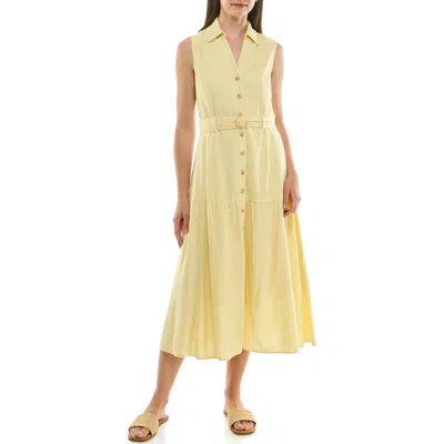 Nicole Miller Sleeveless Belted Linen Shirtdress In Brown