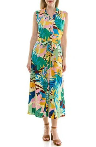 Nicole Miller Sleeveless Belted Midi Shirtdress In Abstract Botanical Green