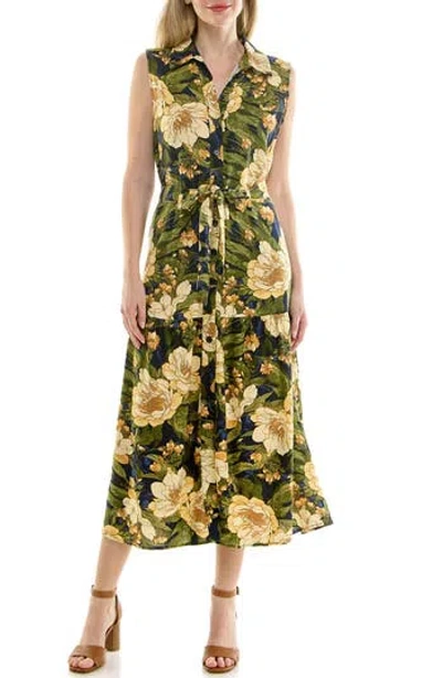Nicole Miller Sleeveless Belted Midi Shirtdress In Allover Floral Navy