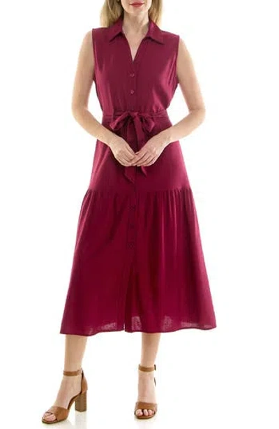 Nicole Miller Sleeveless Belted Shirtdress In Burgundy