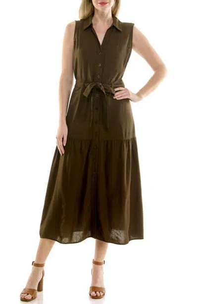 Nicole Miller Sleeveless Belted Shirtdress In Deep Jungle Green