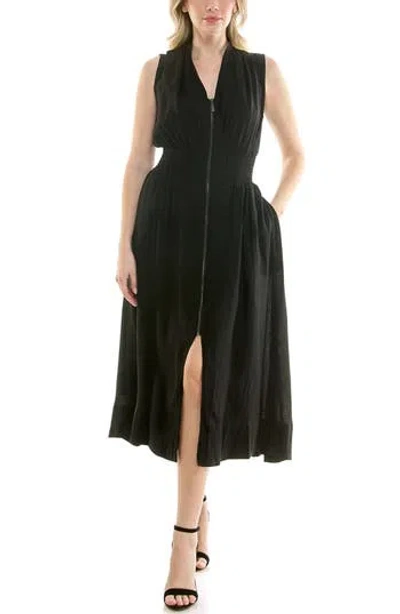 Nicole Miller Smocked Waist Zip Front Midi Dress In Black