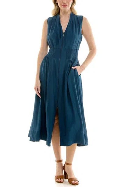 Nicole Miller Smocked Waist Zip Front Midi Dress In Blue