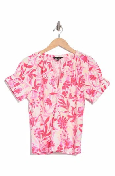 Nicole Miller Split Neck Puff Sleeve Top In Pink