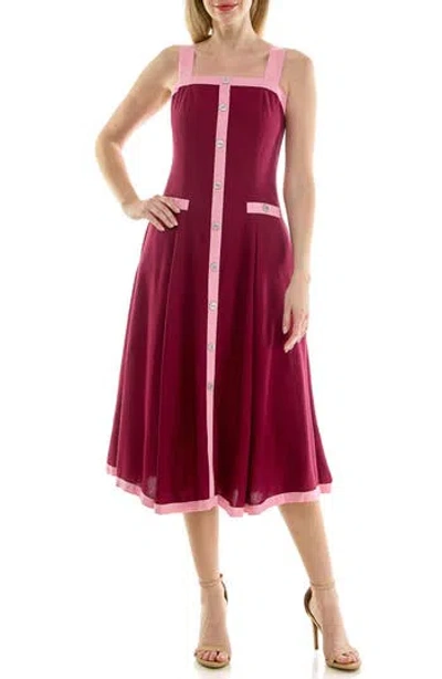 Nicole Miller Square Neck Fit & Flare Midi Dress In Burgundy / Sea Pink