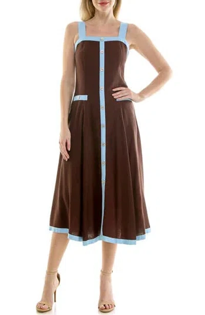 Nicole Miller Square Neck Fit & Flare Midi Dress In Chocolate / Cerulean