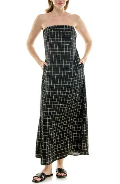 Nicole Miller Strapless Print Satin Maxi Dress In Black Grid