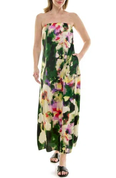 Nicole Miller Strapless Print Satin Maxi Dress In Green